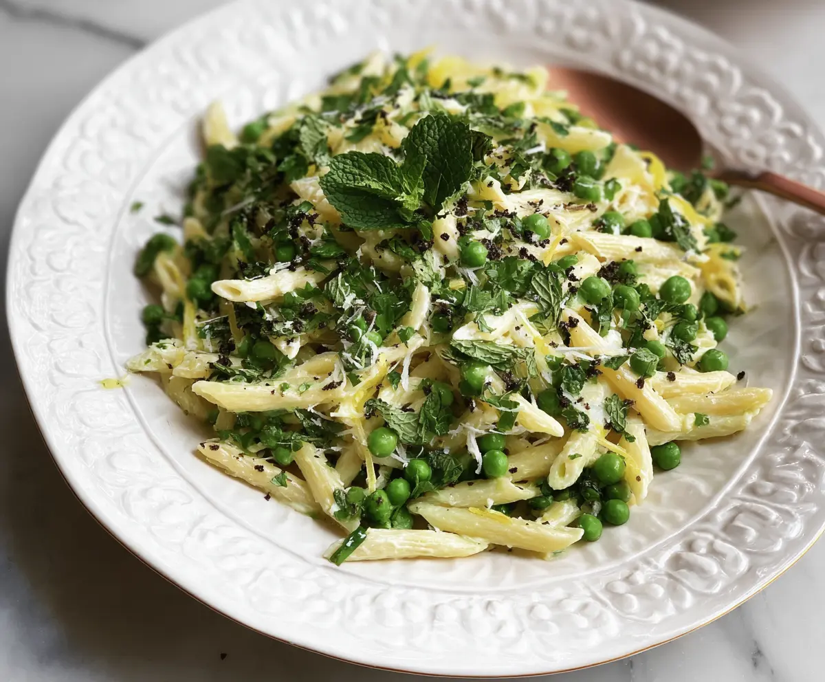 Dish of pea pasta garnished with fresh mint, drizzled with truffle oil, and lemon zest for a flavorful vegetarian meal.