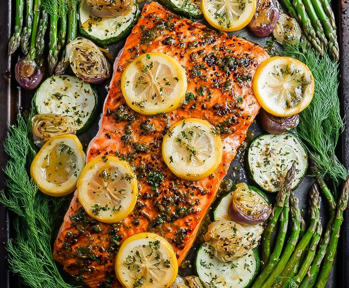 Delicious sheet pan honey mustard salmon served with fresh spring vegetables on a rustic wooden table.