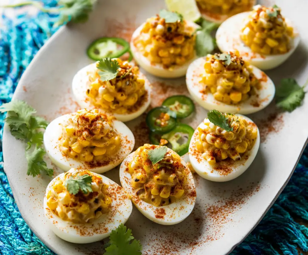 Spicy Elote Deviled Eggs