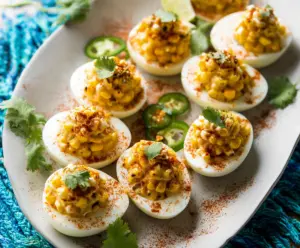 Spicy Elote Deviled Eggs