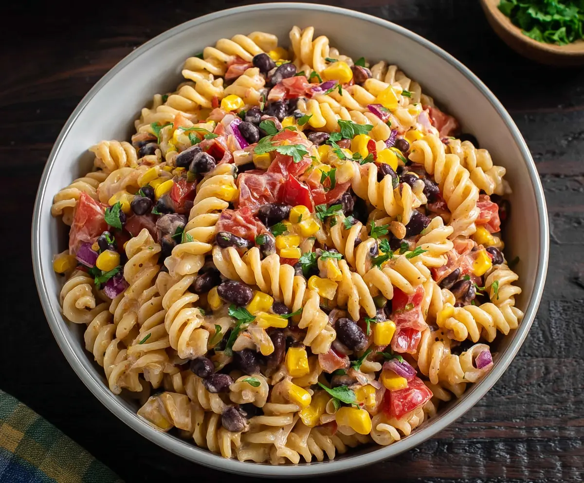 Vegan Southwest Pasta Salad with colorful vegetables and fresh herbs on a plate.