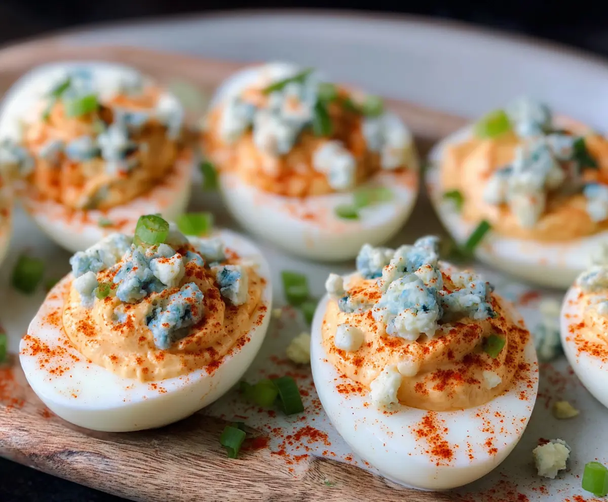 Buffalo Blue Cheese Deviled Eggs garnished with fresh herbs and served as a spicy appetizer.
