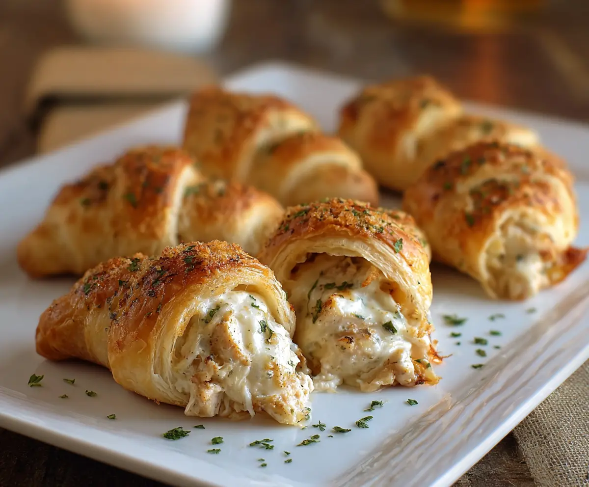 Delicious Chicken Alfredo Stuffed Crescents with creamy sauce and melted cheese in flaky pastry.
