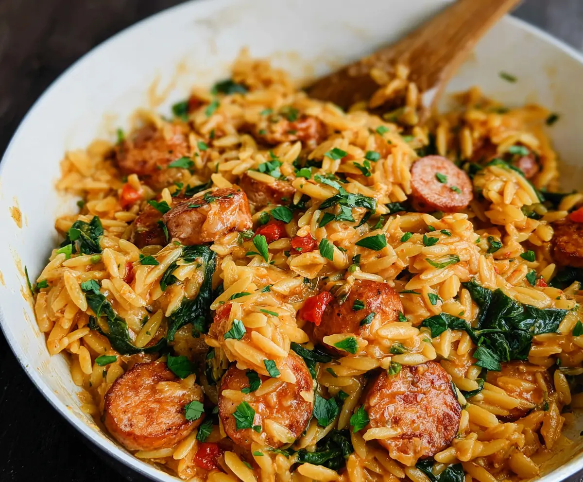 Delicious chicken sausage orzo pasta dish garnished with herbs in a white bowl.