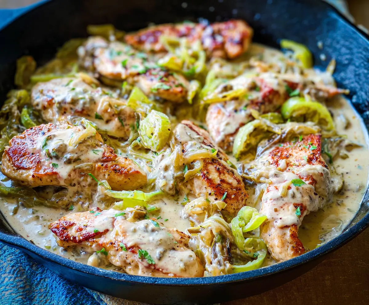 Delicious Creamy Pepperoncini Chicken Skillet served on a plate with fresh herbs