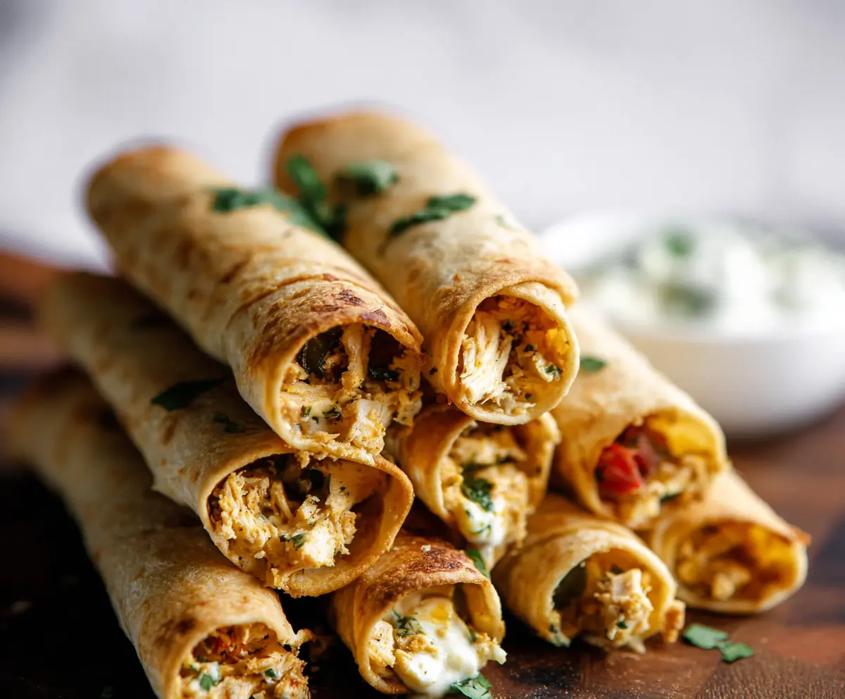 Delicious Dill Pickle Ranch Chicken Taquitos ready to serve as a flavorful appetizer or snack.