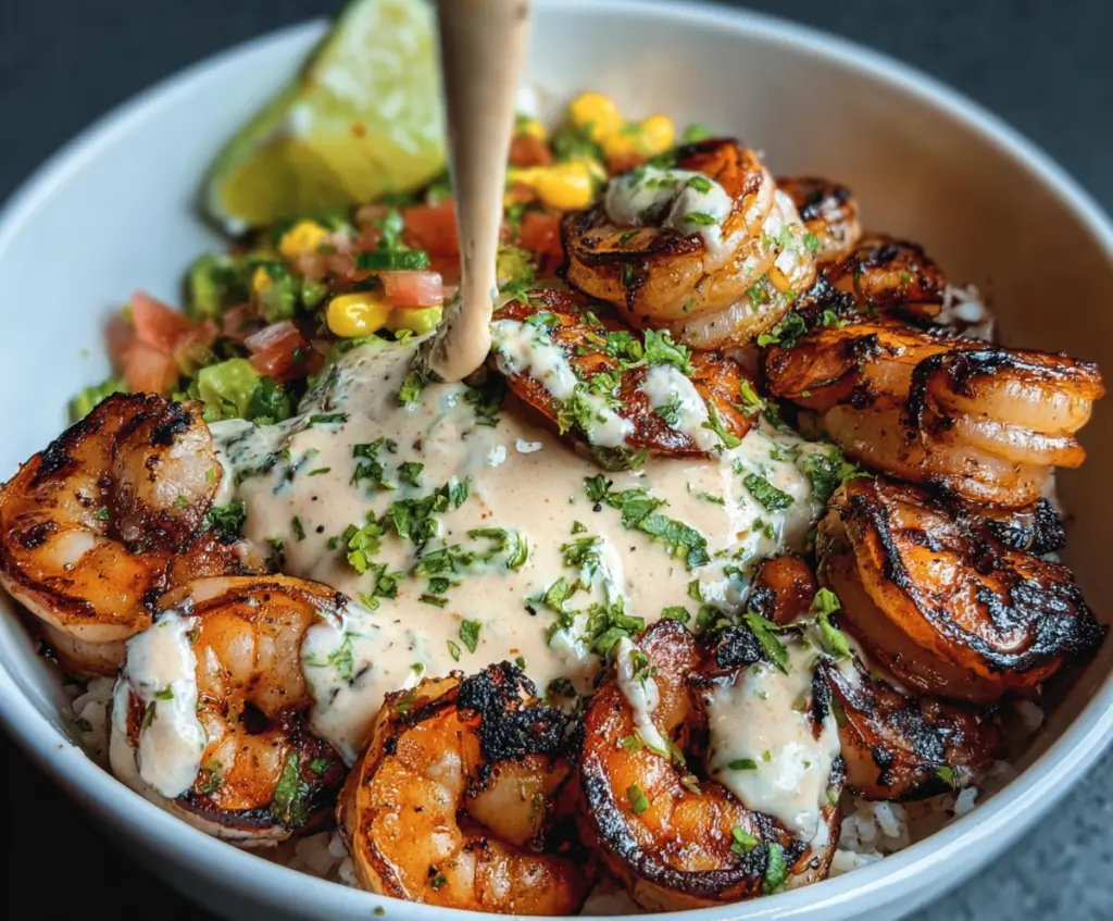 Grilled Shrimp Bowl Recipe with Creamy Garlic Sauce and Seafood Dishes