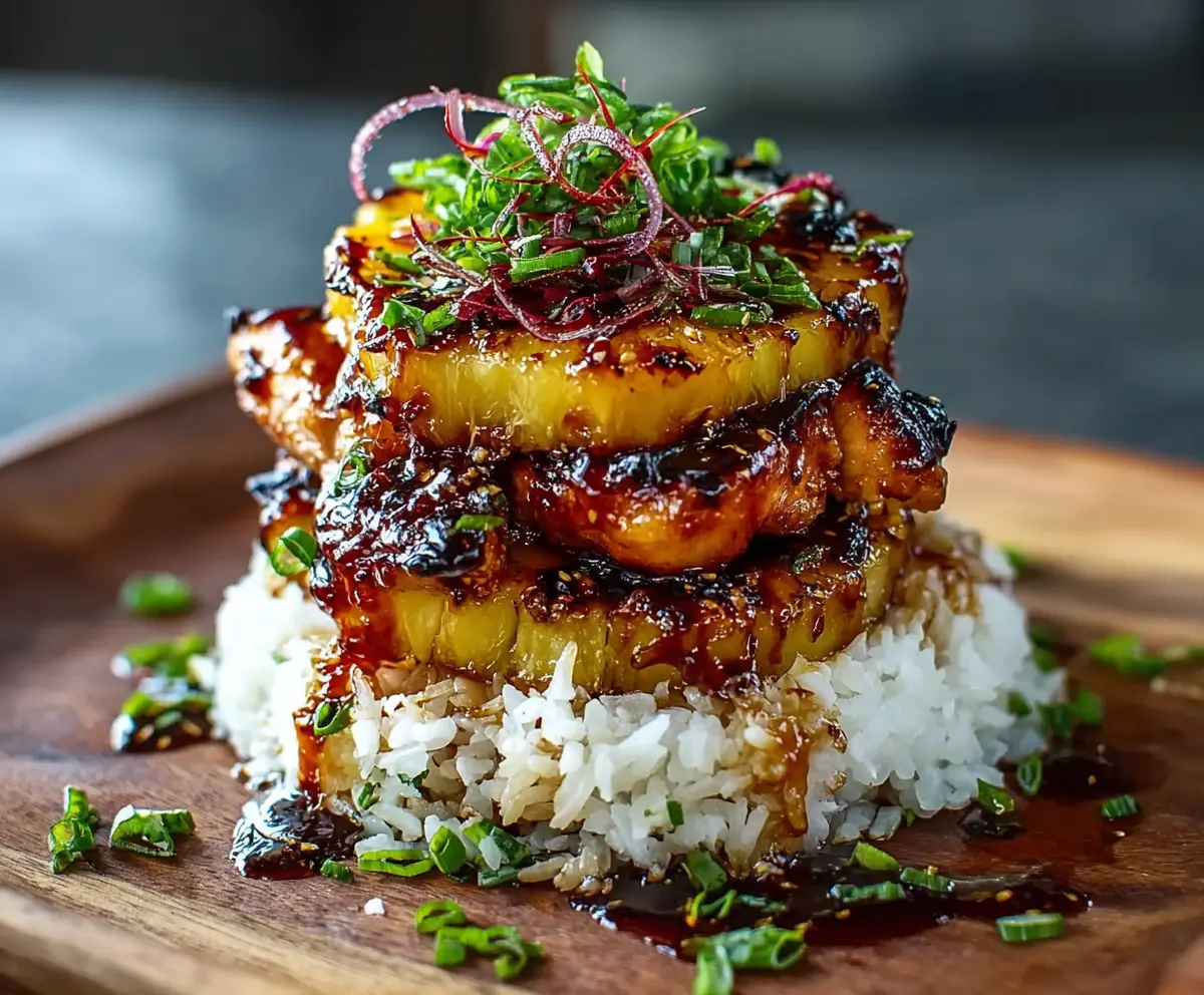 Delicious Hawaiian Huli Huli Chicken Stack topped with fresh pineapple and herbs on a white plate.