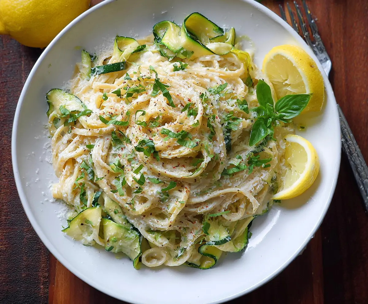 Creamy lemon ricotta pasta garnished with fresh zucchini ribbons and herbs, perfect for a light and flavorful meal.