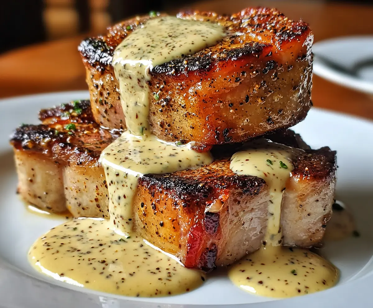 Juicy Maple Bacon Pork Chops topped with crispy bacon slices and served with a creamy Dijon mustard sauce.