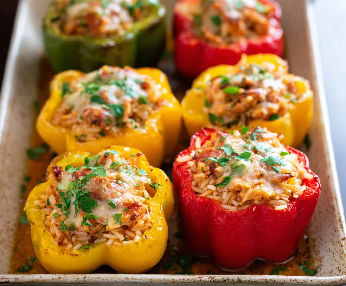 Delicious Teriyaki Pineapple Chicken and Rice Stuffed Peppers served on a plate.